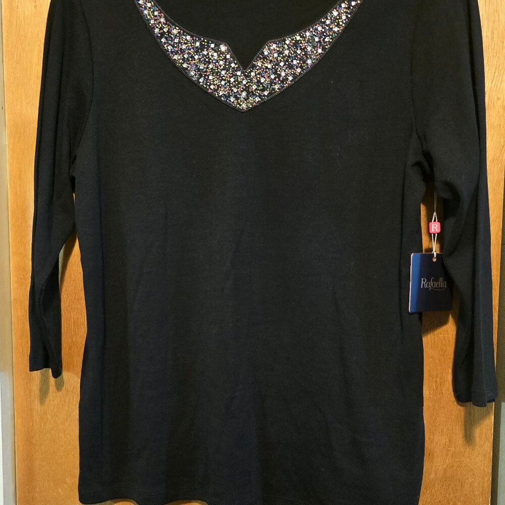 Rafaella Womens Black Rhinestone Embellished Neckline w/ 3/4 Sleeve NWT Size LP